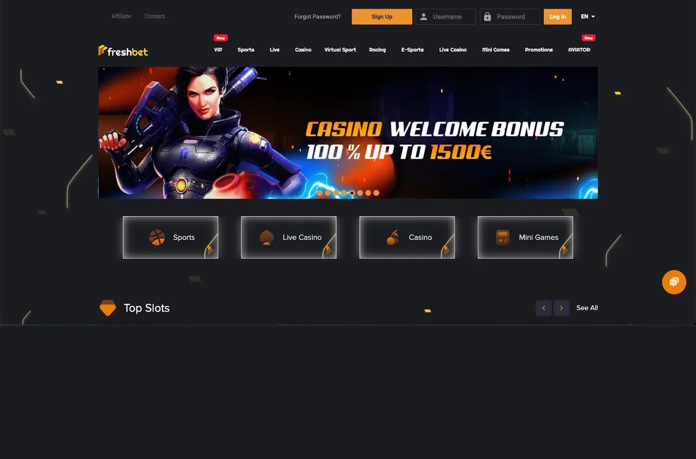 Freshbet Casino lobby and welcome offer screenshot