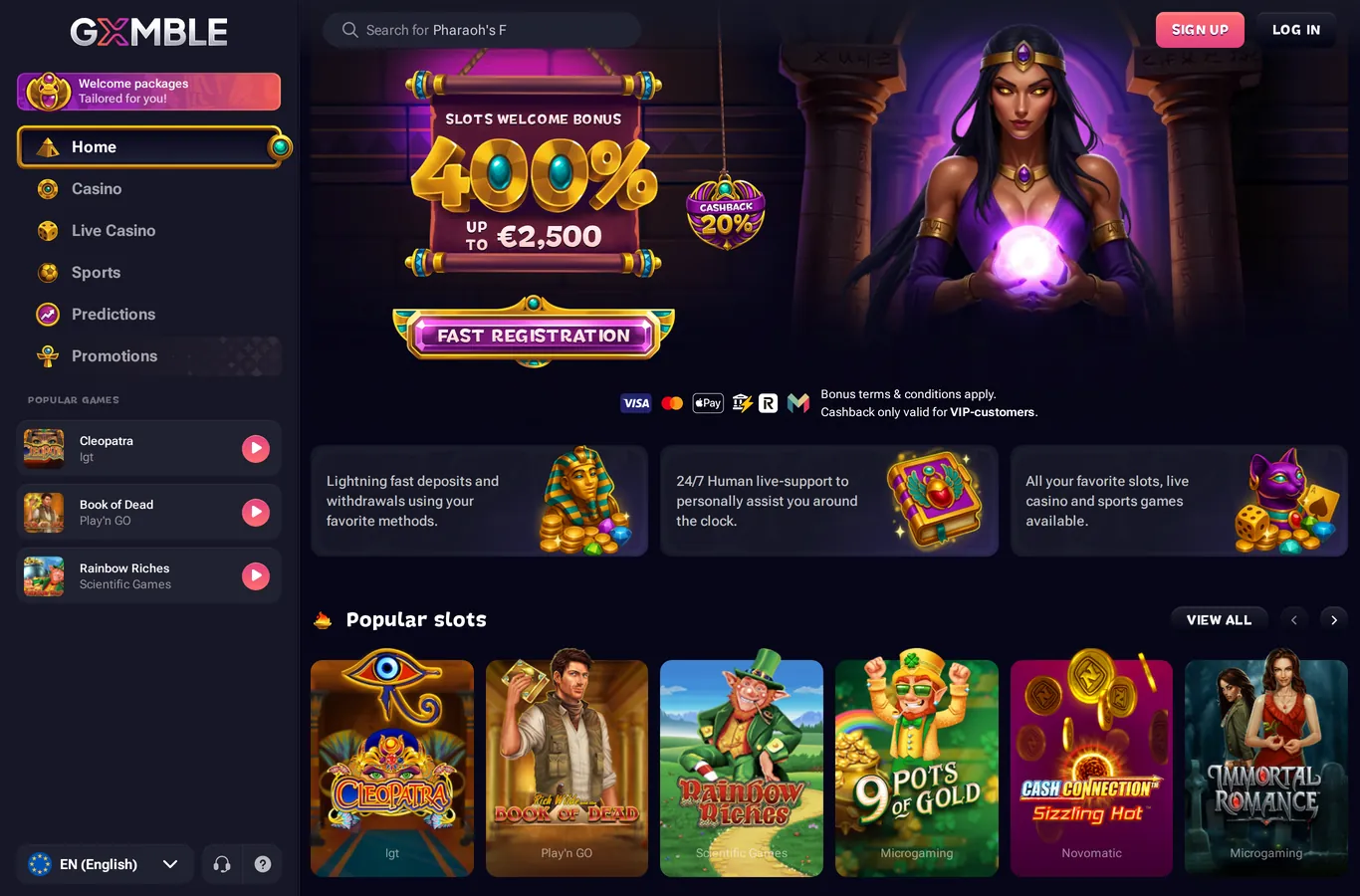 Gxmble Casino lobby and welcome offer screenshot