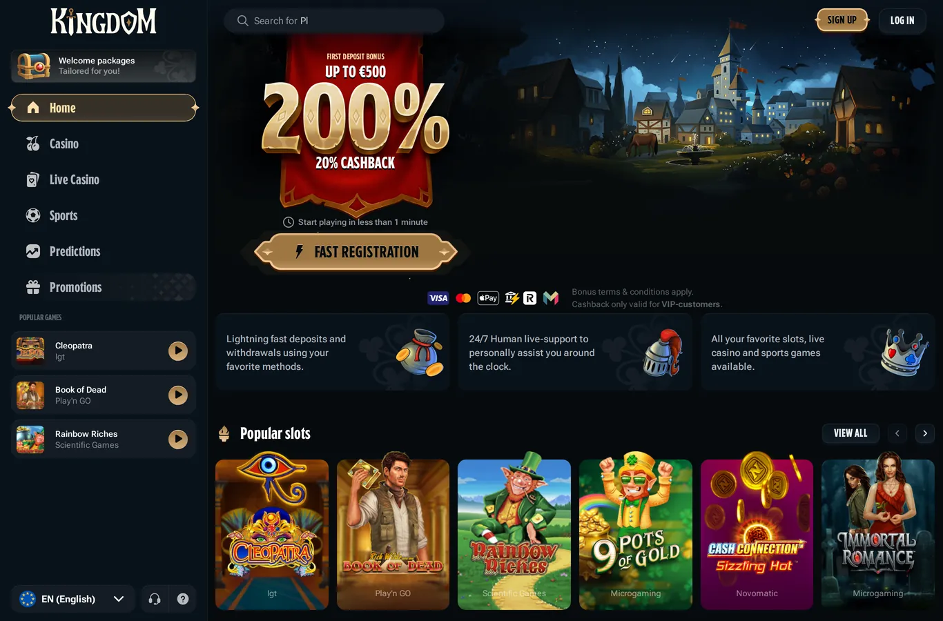 Kingdom Casino Casino lobby and welcome offer screenshot