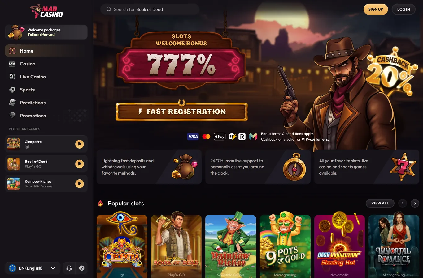 MadCasino Casino lobby and welcome offer screenshot