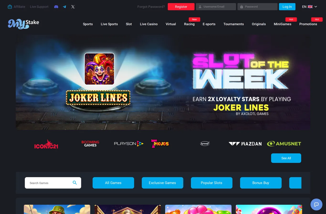 MyStake Casino and sportsbook lobby screenshot