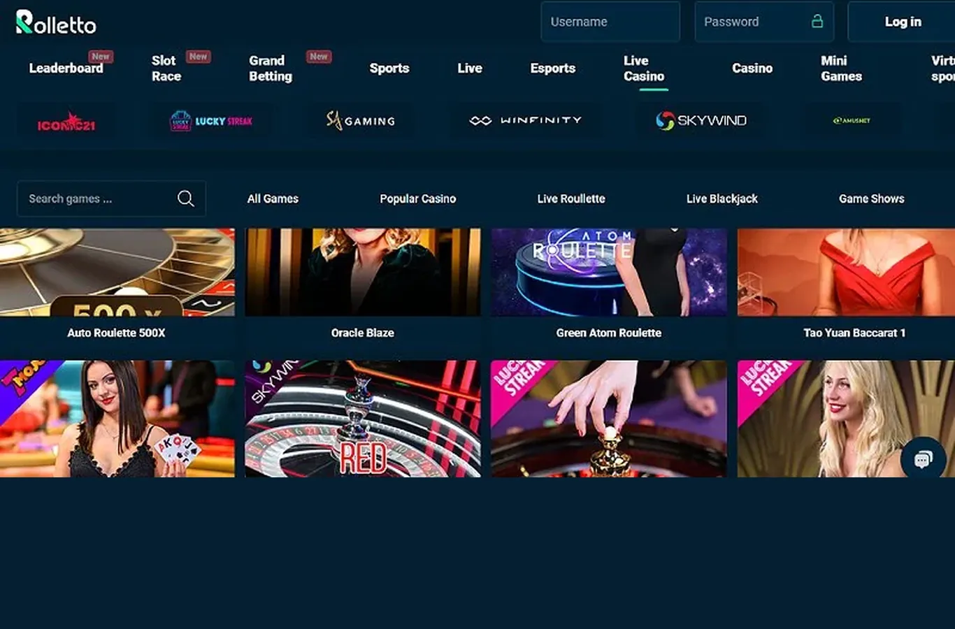 Rolletto Live casino lobby screenshot