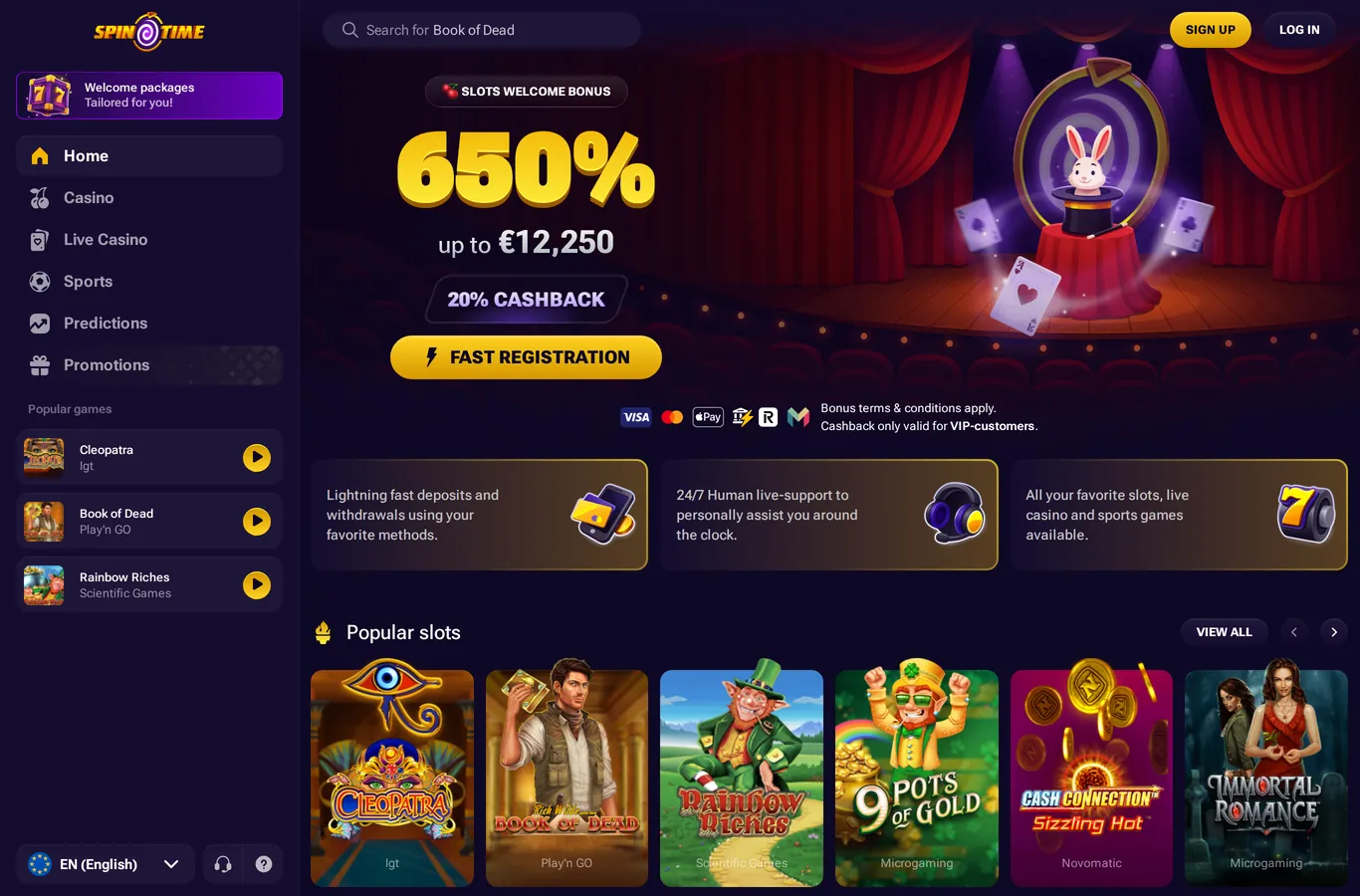 Spintime Casino lobby and welcome offer screenshot
