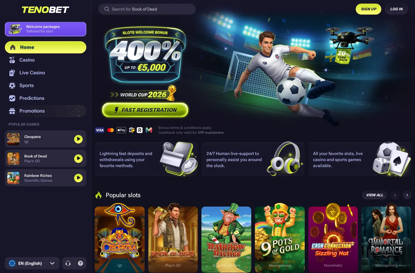 Tenobet Casino lobby and welcome offer screenshot